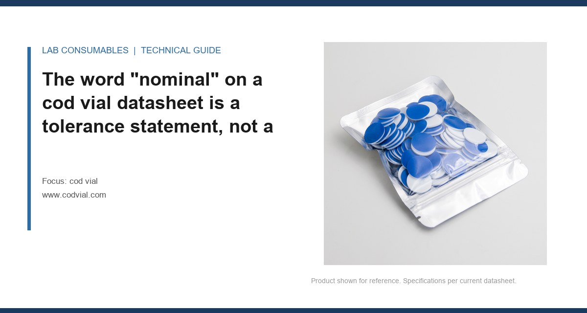 The word “nominal” on a cod vial datasheet is a tolerance statement, not a