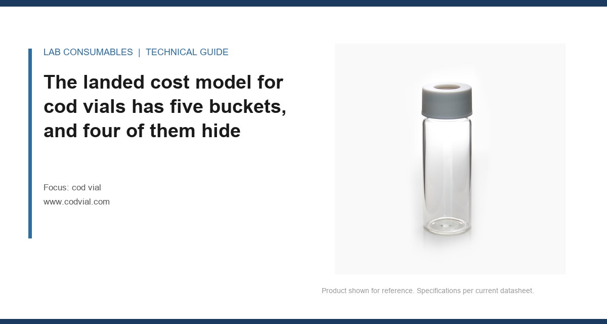 The landed cost model for cod vials has five buckets, and four of them hide